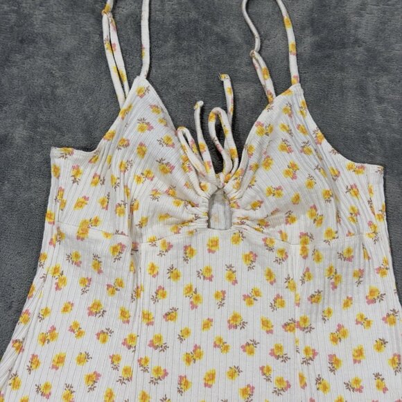 Billabong Ribbed Floral Mini Dress L Sunny Yellow Tie Front Spaghetti Strap EUC - Picture 3 of 5